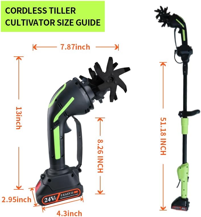 Quini 24V Cordless Tiller Cultivator, 4-Inch Tilling Width and Depth, Handheld with Extension Rod, 235 RPM Electric Garden Tiller, Lightweight 1.2kg Body, 2 × 1.5Ah Batteries & Charger (24V-Green) - Image 2